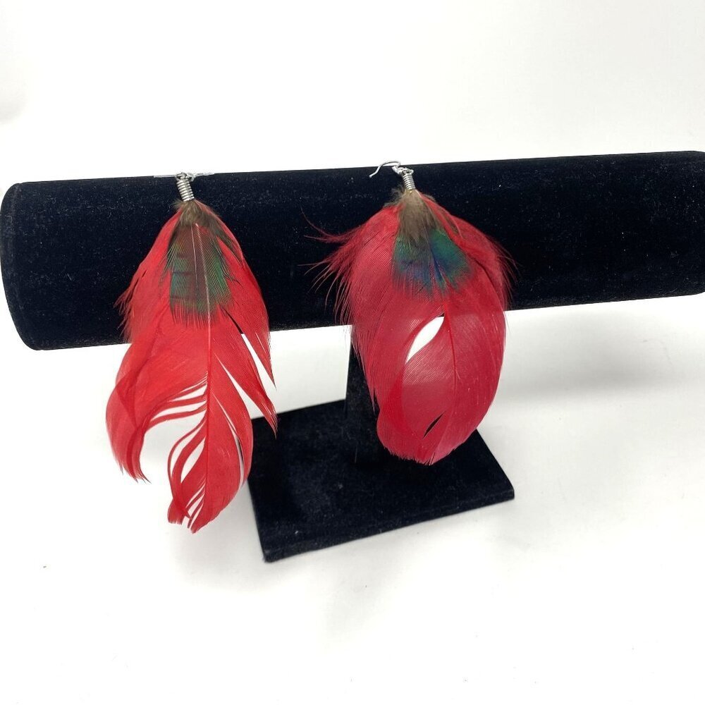Red Feather Native Tribal Boho Drop Earrings Costume Party 1970's